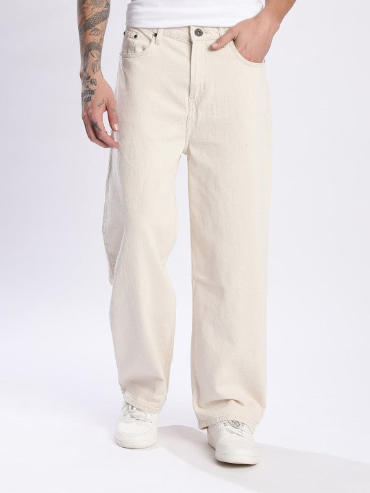 Men’s Off-White Relaxed Fit Wide-Leg Jeans – Casual Cotton Denim