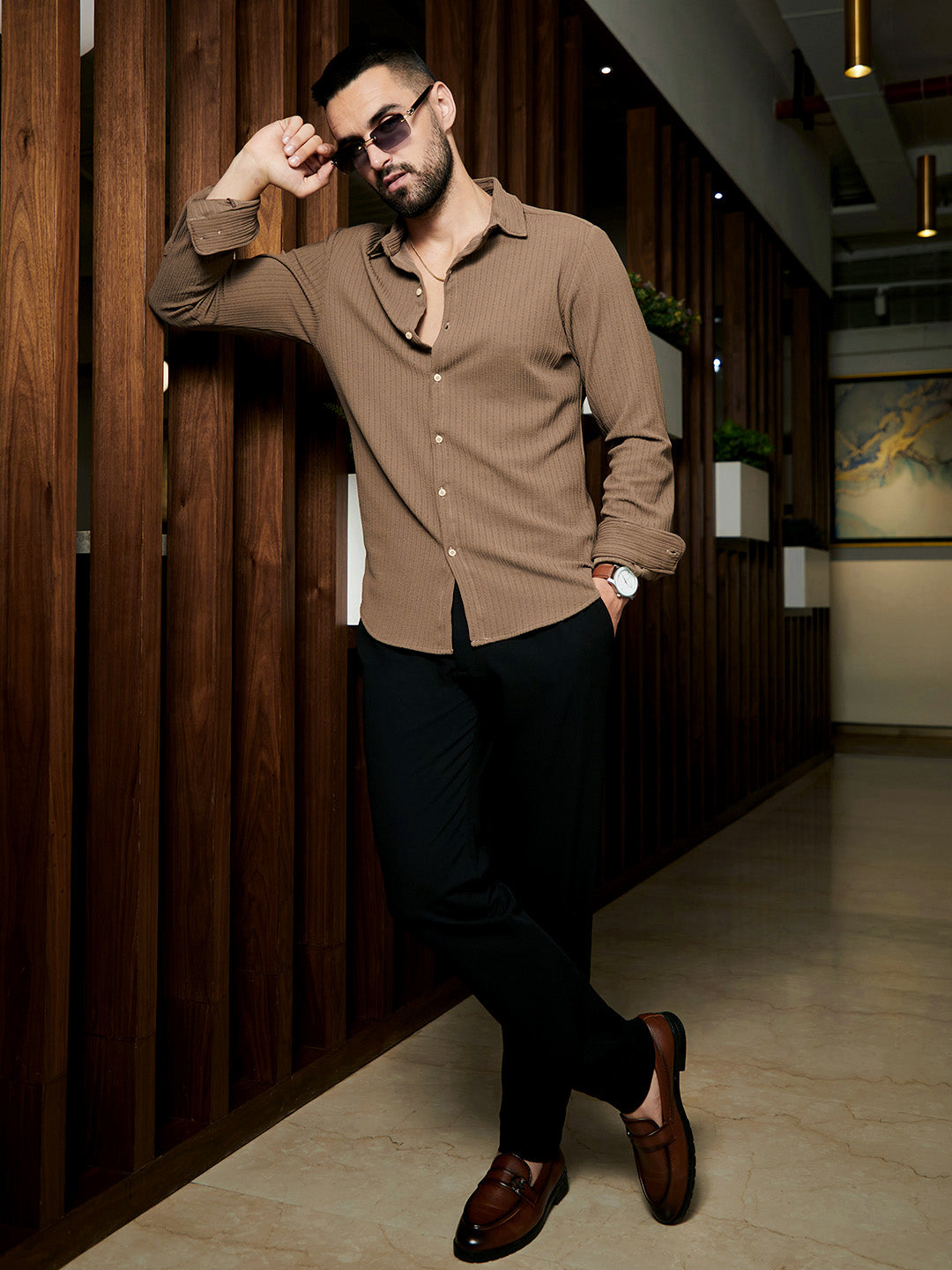 Stripe-Creased Shirt – Brown Full Sleeve Shirt for Men