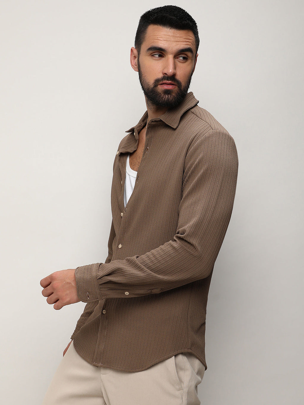 Stripe-Creased Shirt – Brown Full Sleeve Shirt for Men