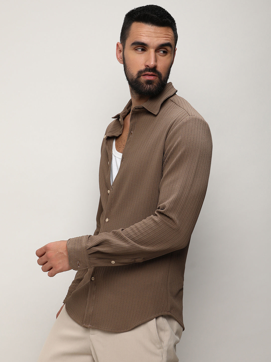Stripe-Creased Shirt – Brown Full Sleeve Shirt for Men