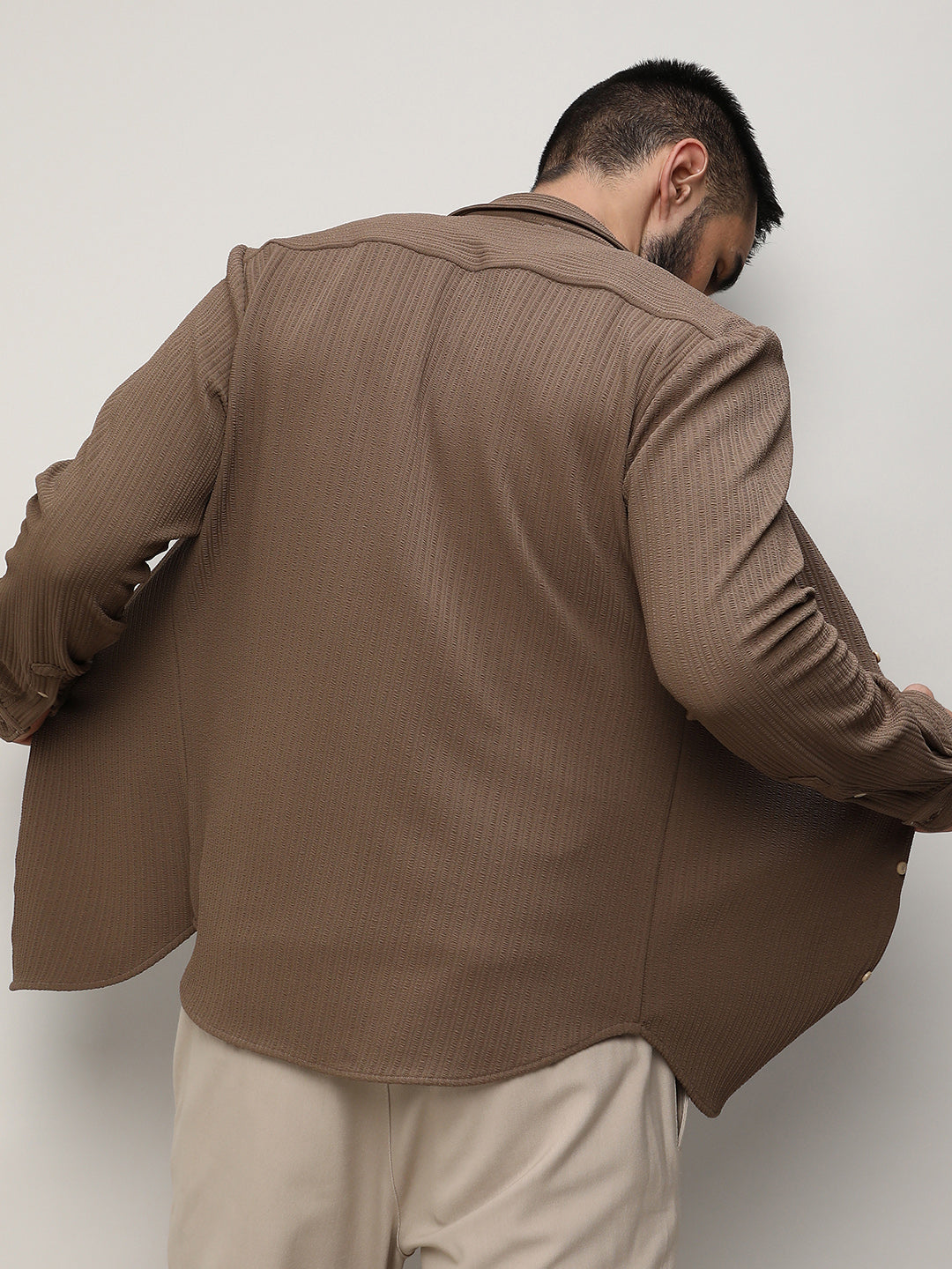 Stripe-Creased Shirt – Brown Full Sleeve Shirt for Men