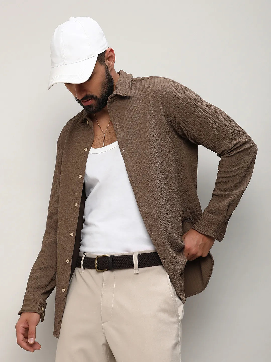 Stripe-Creased Shirt – Brown Full Sleeve Shirt for Men