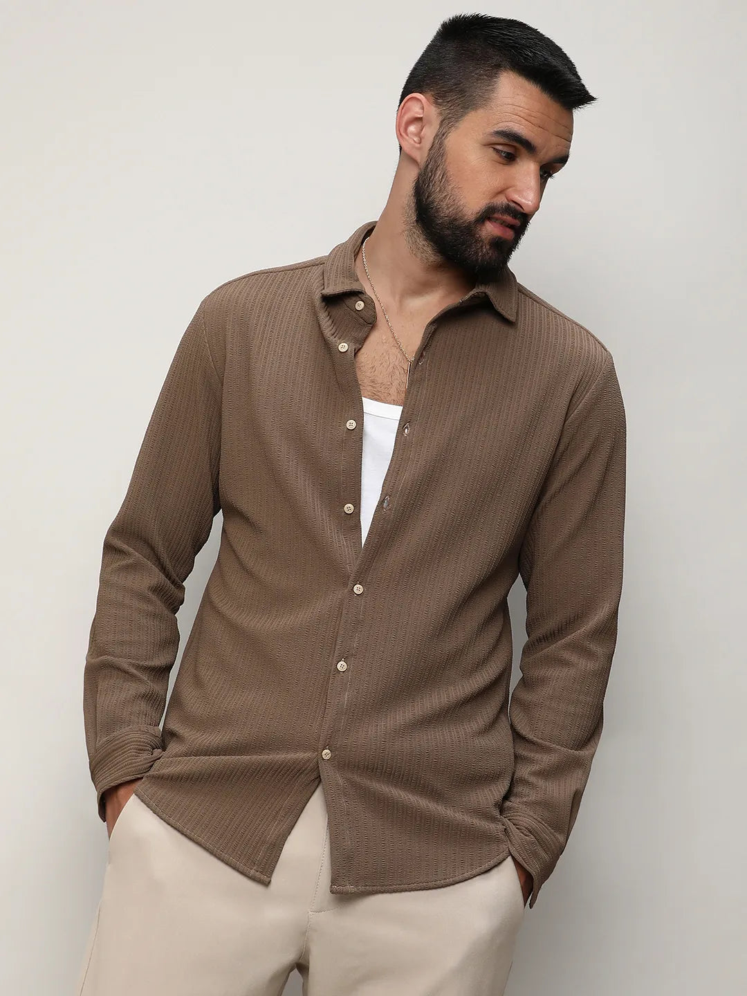 Stripe-Creased Shirt – Brown Full Sleeve Shirt for Men