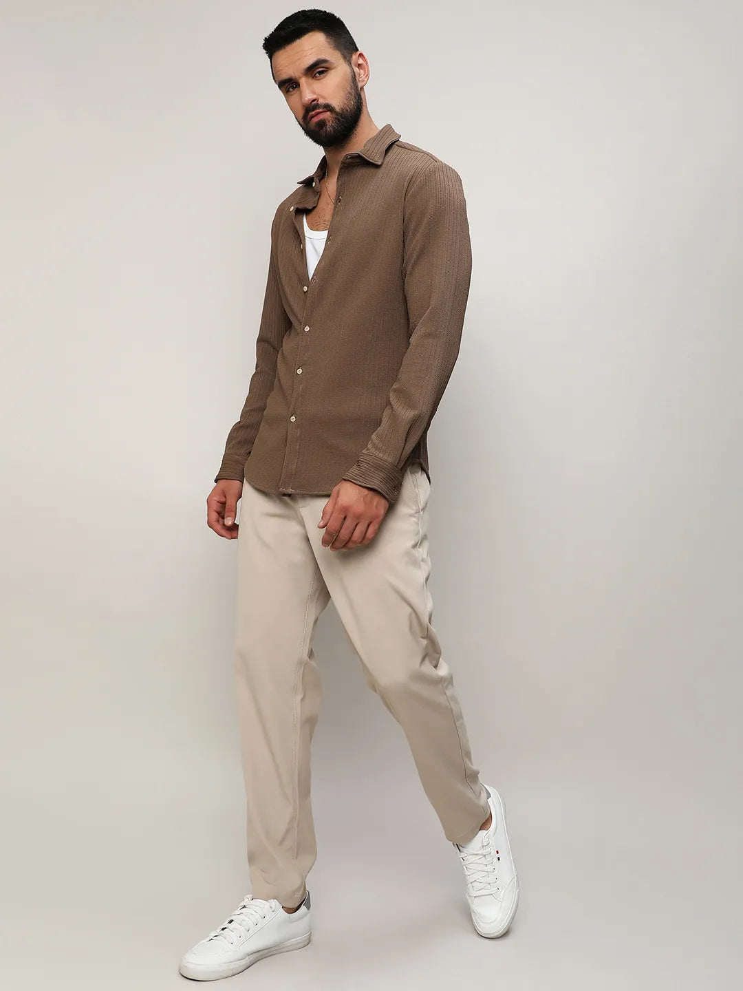Stripe-Creased Shirt – Brown Full Sleeve Shirt for Men